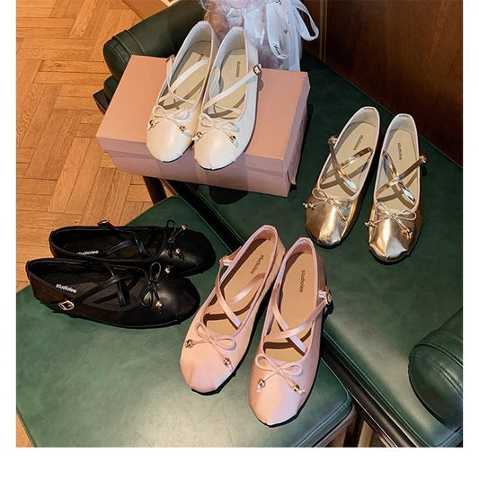 2025 Sheepskin version~ Summer new Korean version  gentle fairy style ballet cross strap Mary Jane shoes single shoes women