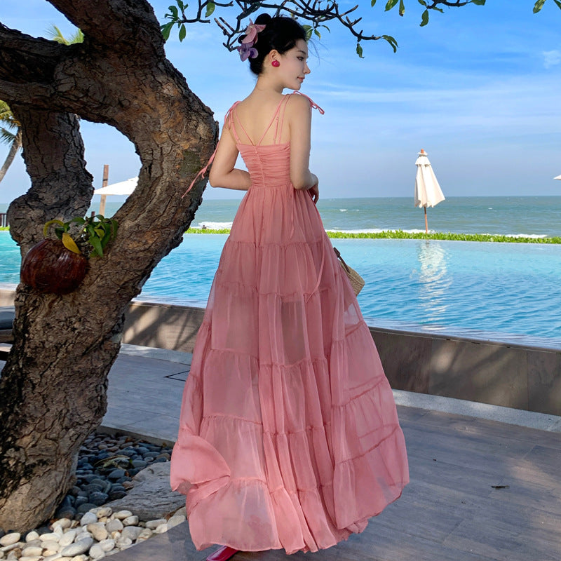 2025 Beautiful super fairy seaside vacation dress pink atmosphere tube top suspender beach swing dress niche fairy dress
