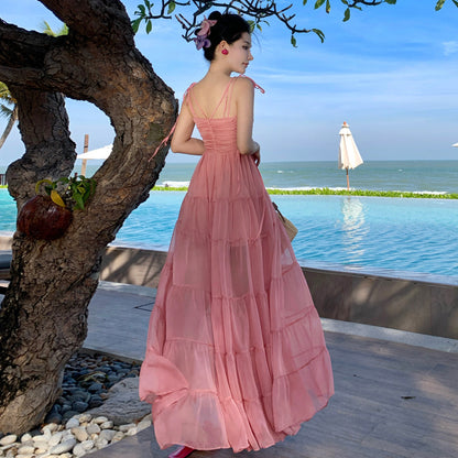 2025 Beautiful super fairy seaside vacation dress pink atmosphere tube top suspender beach swing dress niche fairy dress