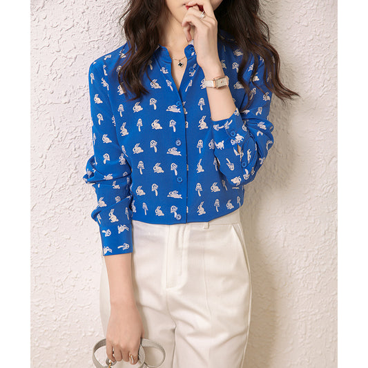 2025 Silk shirt  age reduction fresh contrasting color white rabbit printing silk shirt long sleeve silk top Hangzhou women's clothing