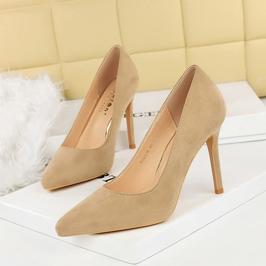 2025 8316 Korean version fashionable simple sexy nightclub high heels thin heel super high heel shallow mouth round head suede single shoes women's shoes