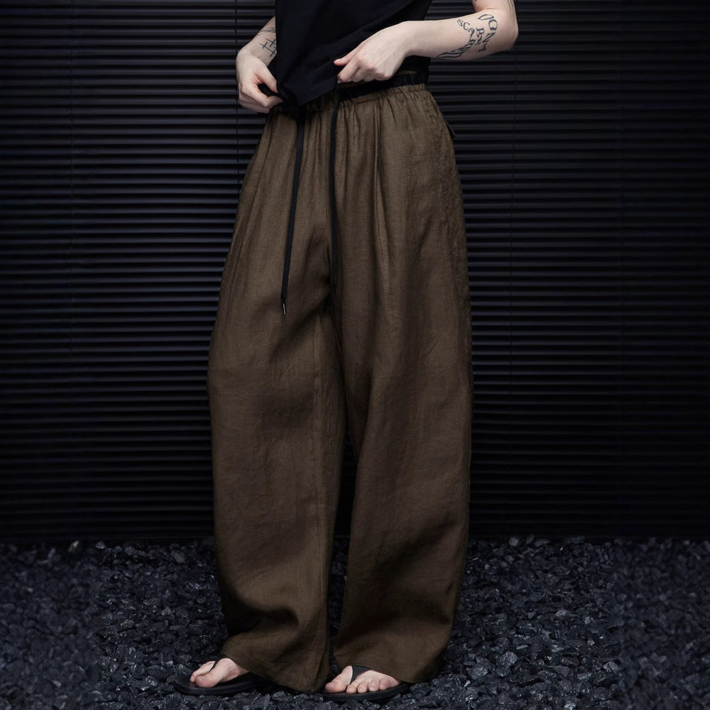 2025 Coffee casual linen wide-leg pants women's  spring new simple and versatile relaxation lazy wind