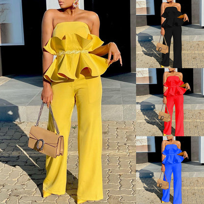 Y9292 2025 New new 2025 solid color tube top elegant wide-leg pants ruffle edge personality and comfort