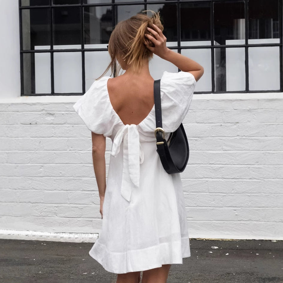 XAKXX 2025 early spring new cotton and linen V-neck bubble sleeves pure white dress 2025 fashion cross-border wholesale small white dress women