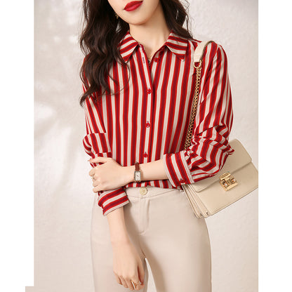 2025 Striped silk shirt  summer new temperament cardigan mulberry silk long-sleeved top, high-end Hangzhou women's clothing