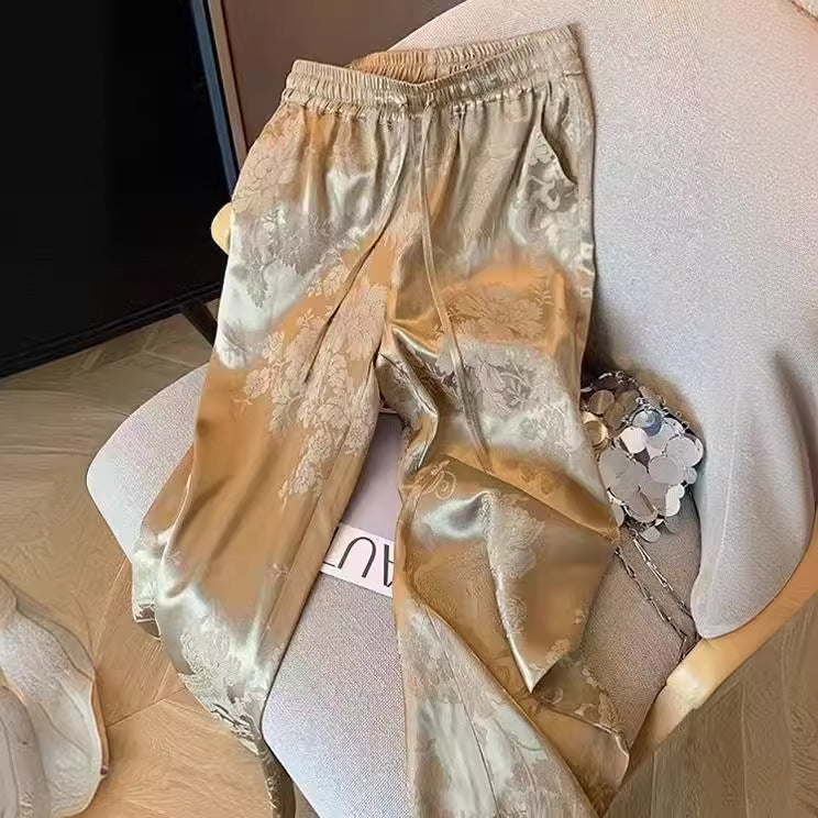 2025 New Chinese retro jacquard imitation acetic acid satin straight casual pants women's spring popular national style high waist drape wide leg pants