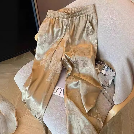 2025 New Chinese retro jacquard imitation acetic acid satin straight casual pants women's spring popular national style high waist drape wide leg pants