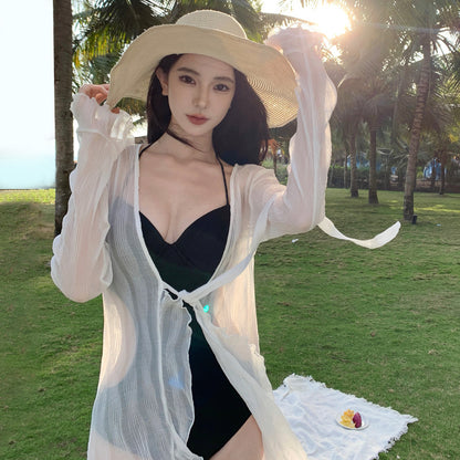 2025 Holiday style white sunscreen cardigan women's spring summer travel photo atmosphere long beach blouse seaside wear