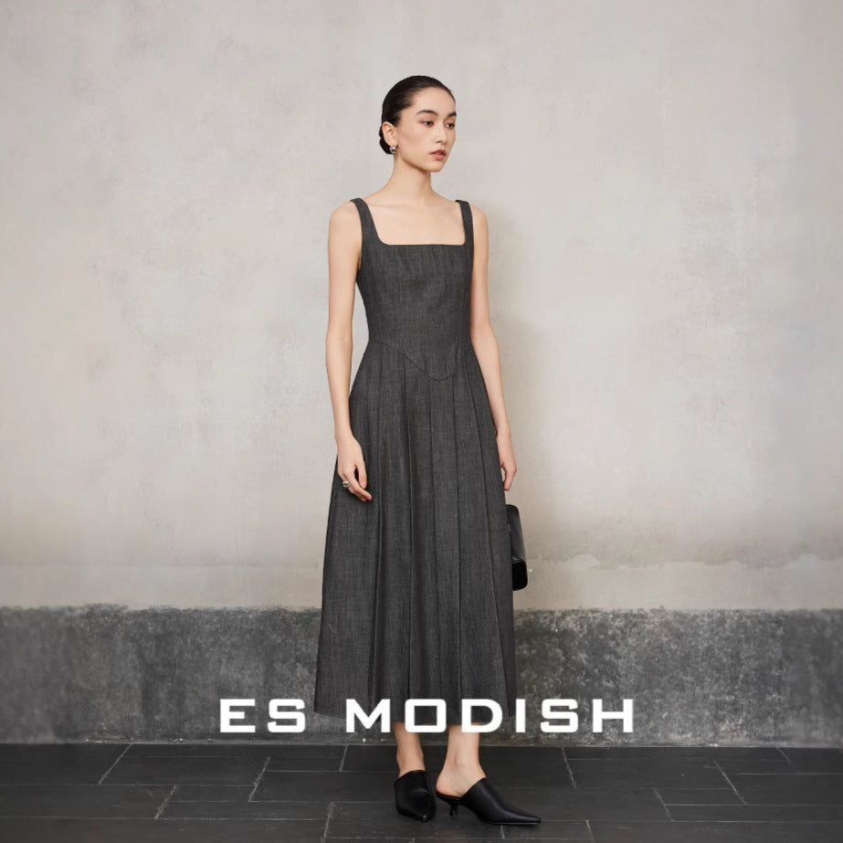 2025 ES MODISH Spring New Muse Essential  Retro Casual Temperament Square Neck High Waist Suspender Dress