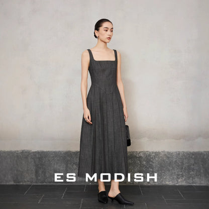 2025 ES MODISH Spring New Muse Essential  Retro Casual Temperament Square Neck High Waist Suspender Dress