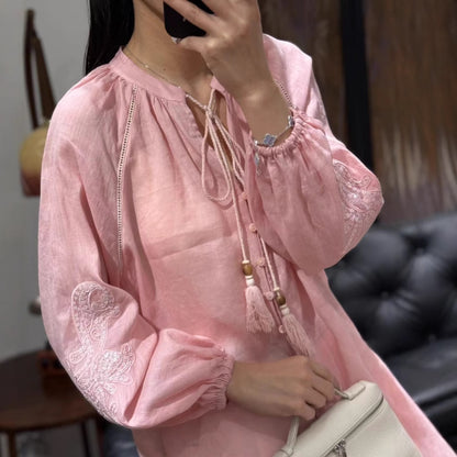 2025 High-end  early spring new 100 ramie sequined embroidery decoration fashionable loose and thin Popular shirt