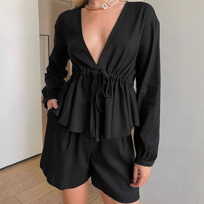 XAKXX Black V-neck cotton and linen long-sleeved hot pants set New 2025 autumn and winter fashion new  wholesale two-piece set for women