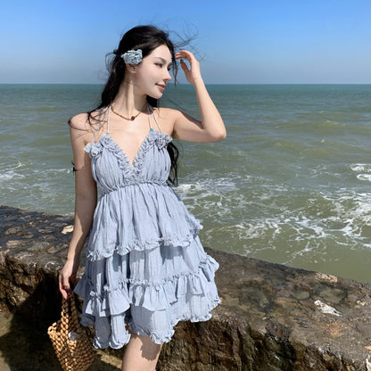 2025 Thailand Sanya seaside vacation wear with fungus edge sexy V-neck halter suspender dress small cake dress