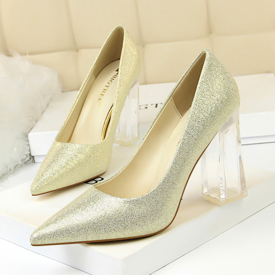 2025 2993-1 Korean version of fashion transparent crystal heel high heel satin light mouth pointed sexy high heels wedding shoes women's single shoes