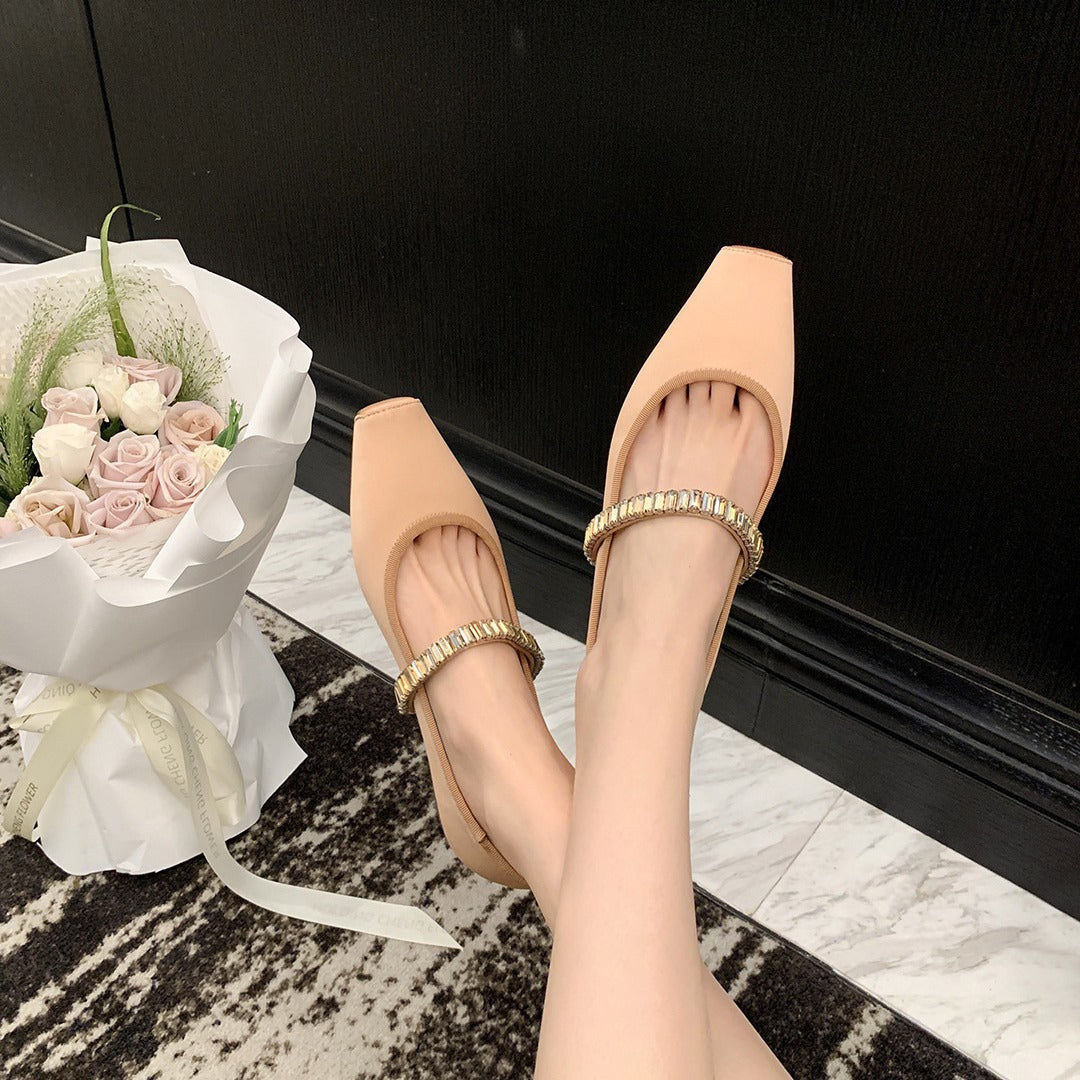 2025 Sheepskin version~ Su Yinyin's same commuter rhinestone Mary Jane shoes  silk and satin one-word belt soft flat single shoes women