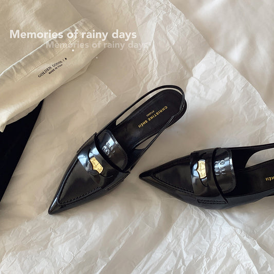 2025 Cowhide version~ Su Yinyin same shoes spring and autumn small gold coins genuine leather pointed tip thin heel empty sandals women's ol commuter shoes