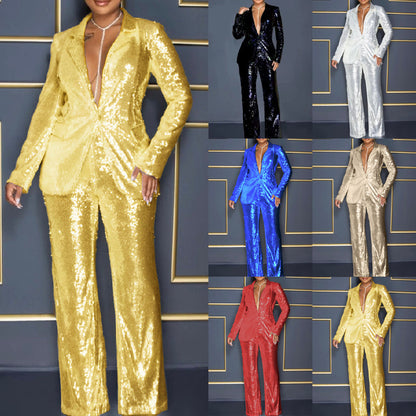2025 summer New jumpsuit 2025 new  women's long-sleeved V-neck sequined jumpsuit two-piece set