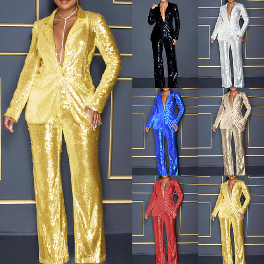 2025 summer New jumpsuit 2025 new  women's long-sleeved V-neck sequined jumpsuit two-piece set