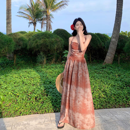 2025 Coffee break  retro suspender dress seaside vacation new Chinese beach skirt design sense niche smudge dress