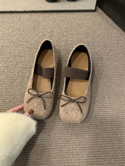 2025 Flat-bottomed  square head single shoes women's shoes popular new spring and autumn bow word with retro suede commuter shoes