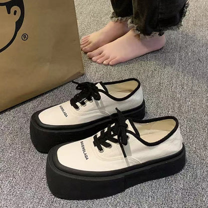 xakxx Popular Internet Celebrity Niche Square Toe Sneakers Women's Summer  New Platform Platform White Match Height Increasing Canvas White Shoes