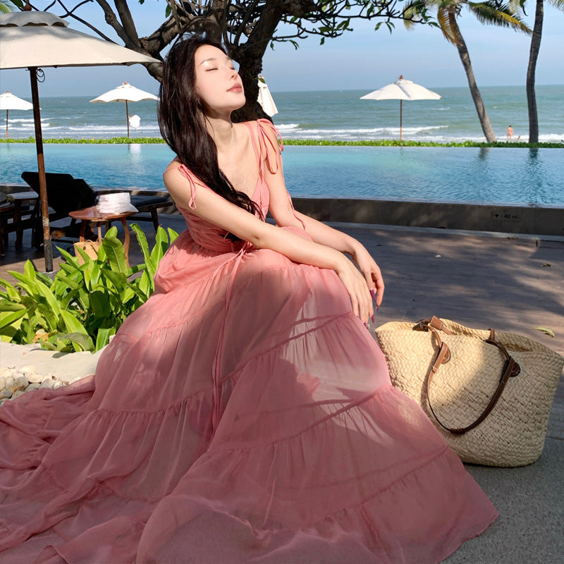 2025 Beautiful super fairy seaside vacation dress pink atmosphere tube top suspender beach swing dress niche fairy dress