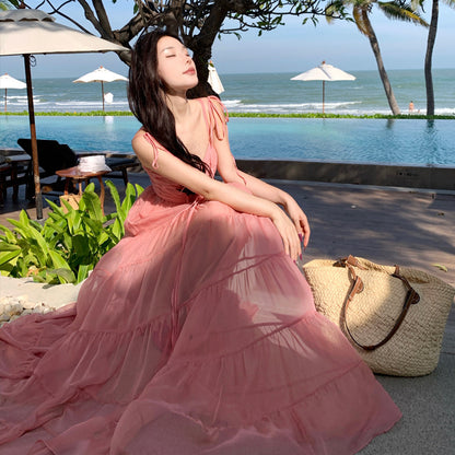 2025 Beautiful super fairy seaside vacation dress pink atmosphere tube top suspender beach swing dress niche fairy dress
