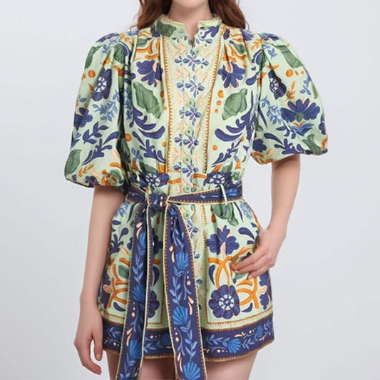 2025 2025 women's clothing 2025 spring new temperament retro printing court style bubble sleeve shirt belt shorts set