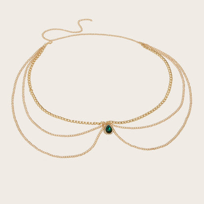 2025 MW3200  waist chain green crystal gemstone pendant multi-layer wave side pendulum chain waist chain waist decoration
