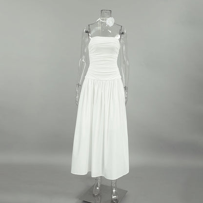 XAKXX 2025Autumn white temperament off-the-shoulder suspender slim tube top low-rise slim dress 2025 fashion flower dress