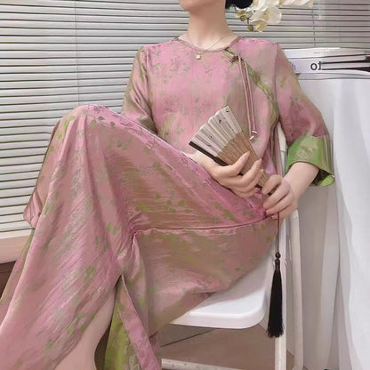 2025 Spot Chinese style women's clothing retro improved cheongsam simulation silk dress ethnic style zen tea clothes women
