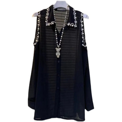Xakxx - Mid-Length Long Sleeve Beaded Off-Shoulder Black Chiffon Blouse Women Summer New Clothes Large Size Loose Oversized Shirt Dress