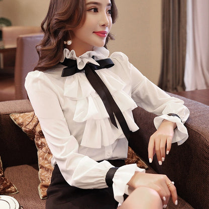 Xakxx - New Women blouse tops White Ruffles Bow Long Sleeve Chiffon Blouse 2023 New Work Wear Office Blusas Femininas ladies shirt 570A