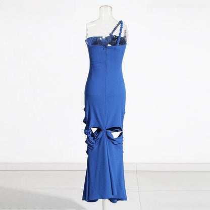 Bandage Women Long Maxi Dress Solid One Shoulder Hollow Out Evening Dress xakxx New Spring Sexy Club Party Twist Bodycon Vestidos