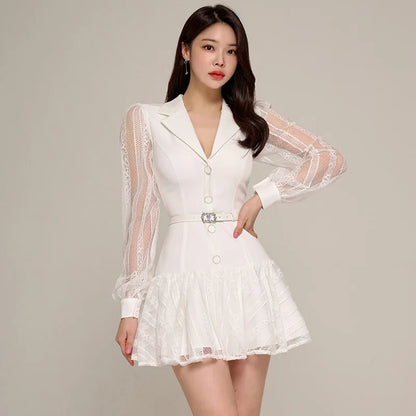 Autumn New Notched collar Belt Slim Mini Blazer Dress Women's Sexy Lace Patchwork Long Sleeve Single-Breasted Short Dress White