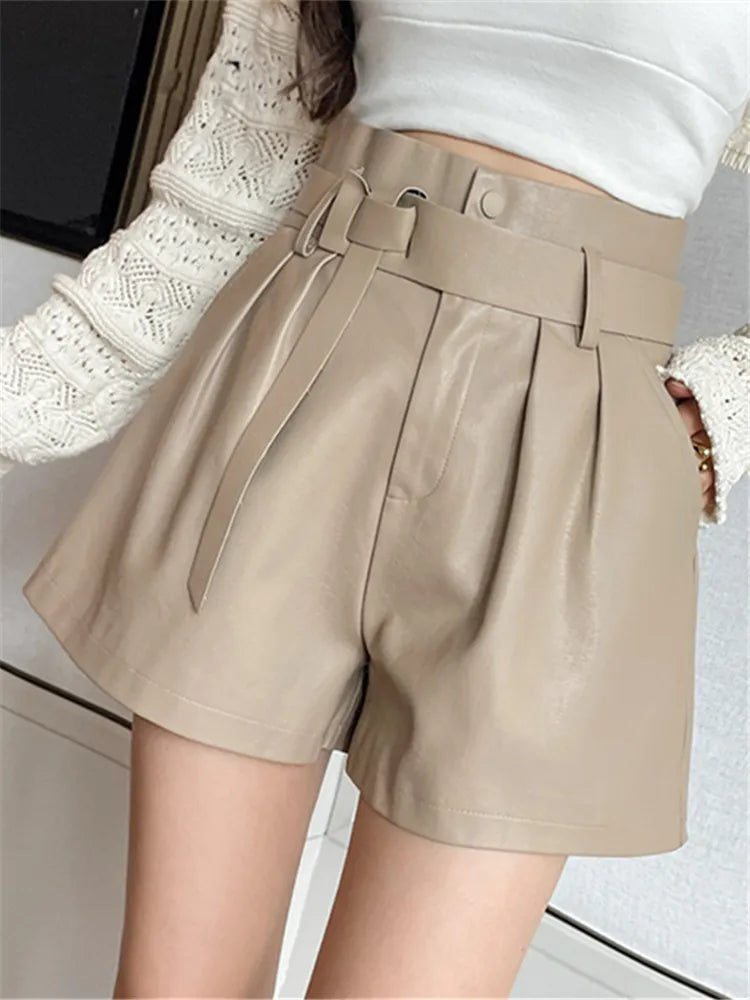 Autumn Winter Women's Faux PU Leather Shorts with Belted New High Waist Ladies Elegant Short Trousers Pocket Female