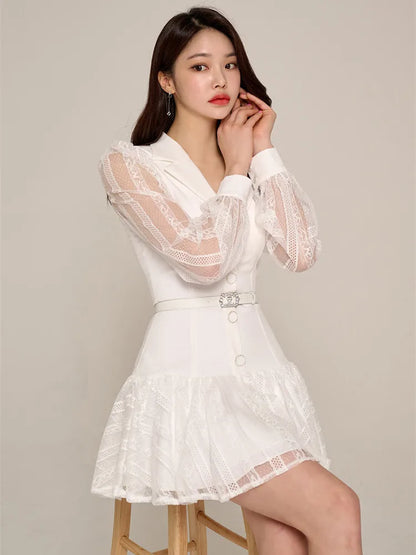 Autumn New Notched collar Belt Slim Mini Blazer Dress Women's Sexy Lace Patchwork Long Sleeve Single-Breasted Short Dress White