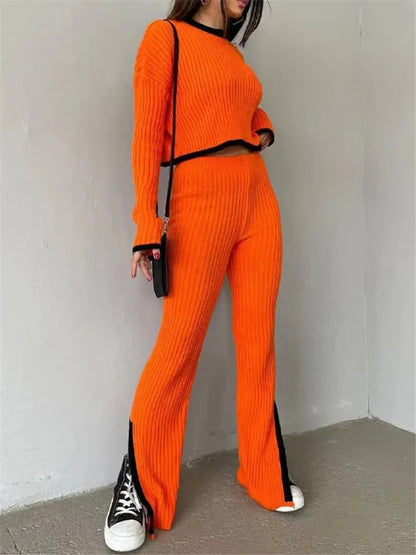Autumn Winter 2 Pieces Women's Oufit Sets Knitted Tracksuit O-Neck Sweater and Wide Leg Jogging Pants Female Suits