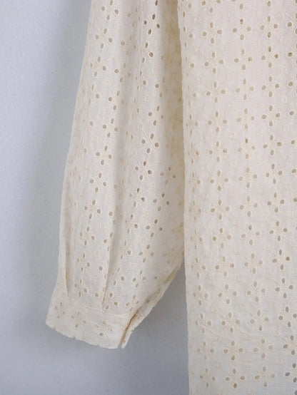 Xakxx - Embriodery Lace Cotton Blouse Shirt Women V Neck Vintage Hollow Out Tops Autumn Winter Casual Office Ladies Blouse Blusa