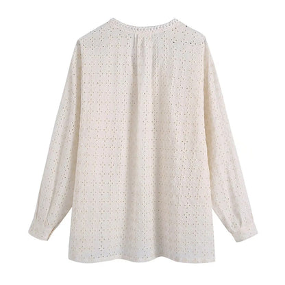 Xakxx - Embriodery Lace Cotton Blouse Shirt Women V Neck Vintage Hollow Out Tops Autumn Winter Casual Office Ladies Blouse Blusa