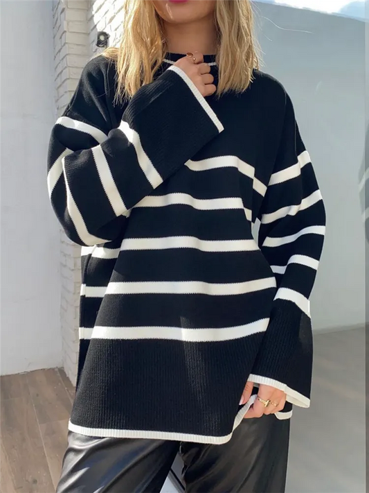 Autumn Winter Elegant Striped Oversize Women's Sweater  New O-Neck Long Sleeve Casual Loose Knitwear Sweaters Female
