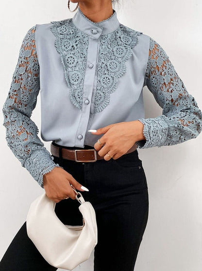 Xakxx - Women Sexy Lace Patchwork Hollow Out Shirt Blouse Long Sleeve O-Neck Mesh Design Tops Spring White Vintage Button Shirts