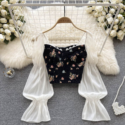 Xakxx - Floral Print Blouse Women Court Patchwork Flare Sleeve Elastic Waist Spring French Style Female Backless Short Tops