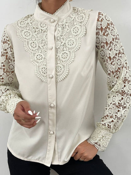 Xakxx - Women Sexy Lace Patchwork Hollow Out Shirt Blouse Long Sleeve O-Neck Mesh Design Tops Spring White Vintage Button Shirts