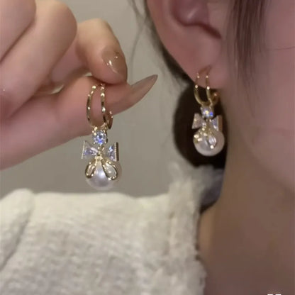 xakxx New Trend Simulation Pearl Long Earrings Women's Flower Rhinestone Wedding Pendant Earrings Fashion Korean Jewelry Earrings