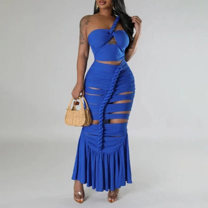 Bandage Women Long Maxi Dress Solid One Shoulder Hollow Out Evening Dress xakxx New Spring Sexy Club Party Twist Bodycon Vestidos