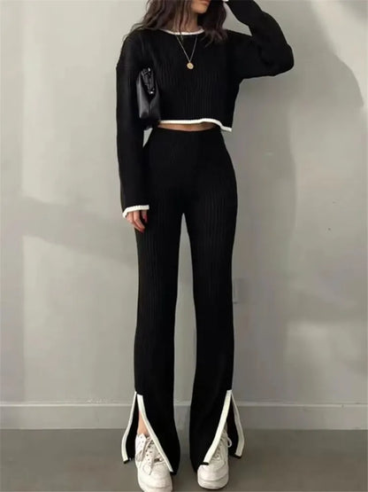 Autumn Winter 2 Pieces Women's Oufit Sets Knitted Tracksuit O-Neck Sweater and Wide Leg Jogging Pants Female Suits