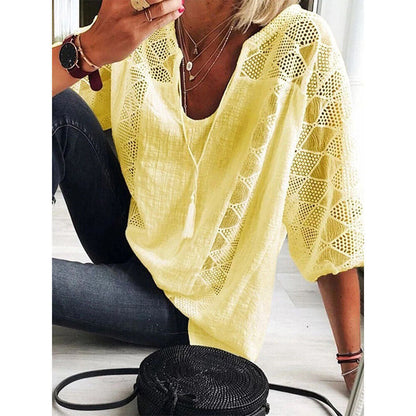 Xakxx - Women's blouse 2023 Spring/Summer Cotton Lace Shirt Spliced U Neck 3/4 Sleeve Top Women's Solid Loose Blouse