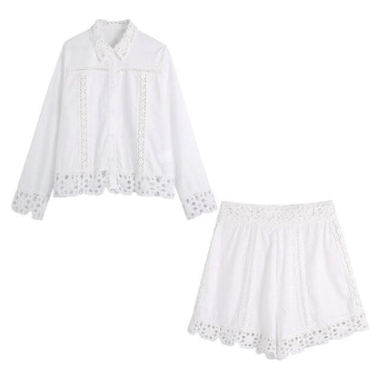 Xakxx - Embriodery Lace Cotton Blouse Shirt Women V Neck Vintage Hollow Out Tops Autumn Winter Casual Office Ladies Blouse Blusa