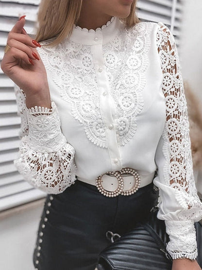 Xakxx - Women Sexy Lace Patchwork Hollow Out Shirt Blouse Long Sleeve O-Neck Mesh Design Tops Spring White Vintage Button Shirts